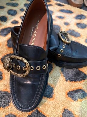 Kurt Geiger Black Leather Loafers with Gold Buckle Detailing and chunky sole